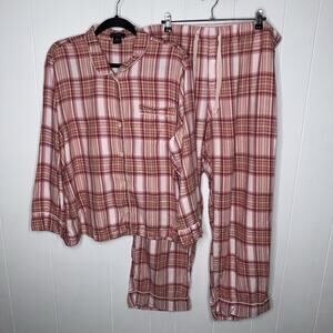 J. Crew Women’s Flannel Long Sleeve Pajama Set Blush Tartan Size XL